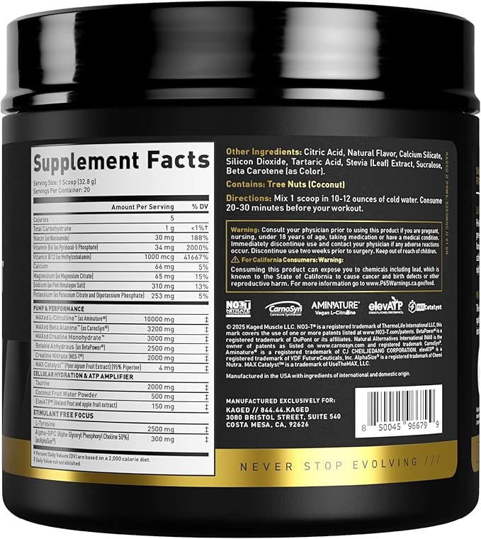 Kaged Pre Workout Elite Stim Free Powder | Orange Mango | Creatine Beta Alanine L-Citrulline | No Caffeine | 20 Servings
