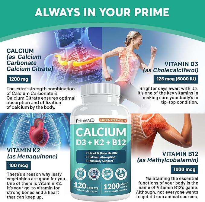 4-in-1 Calcium 1200 mg with Vitamin D3 K2 - Extra Strength Calcium Supplements for Women &amp Men with D3 K2 Vitamin 5000 IU - Everyday Vitality Supplement - Vegan-Friendly Gluten-Free Non-GMO (120