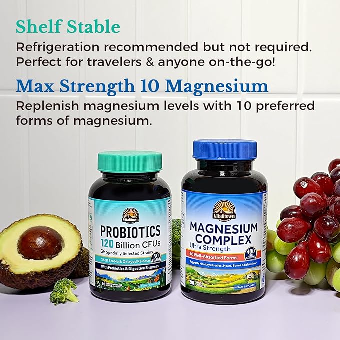 Vitalitown Probiotic + Magnesium Bundle (Pack of 2) | Probiotics 120 Billion (Item 1) &amp 6-in-1 Magnesium Complex (Item 2) | Gut Bone Muscle Sleep Health | Vegan | 30 Capsules &amp 120 Capsules