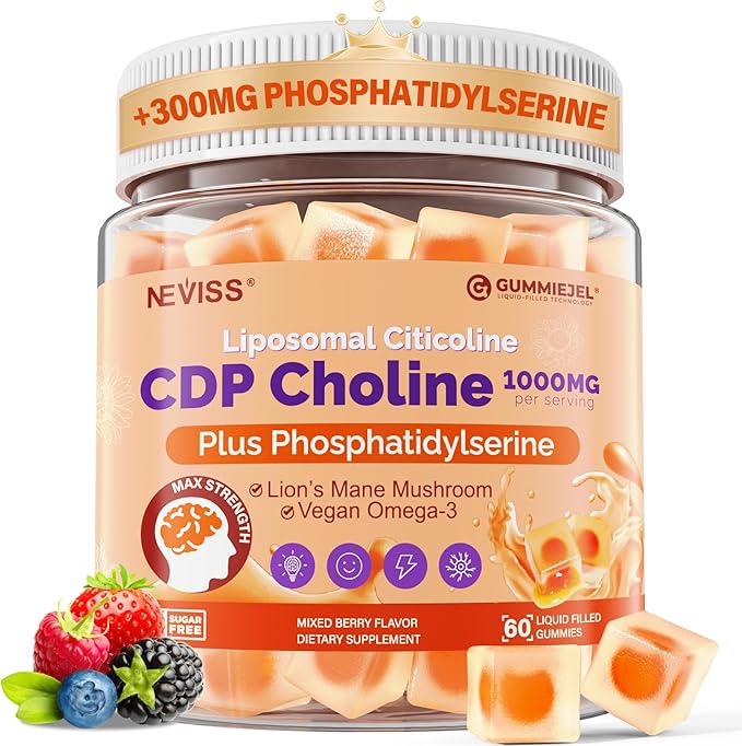 Citicoline 1000mg &amp Phosphatidylserine 300mg Supplements CDP Choline Gummies Brain Supplement for Memory and Focus w/ Lion's Mane Mushroom Omega-3 Methylfolate B6 &amp B12 Non-GMOSugar Free
