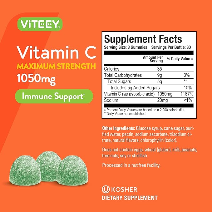 Viteey Chewable Vitamin C Gummies for Adults - 1050mg Maximum Strength Immune Support Supplement - Vegan Gluten Free - 180 Count