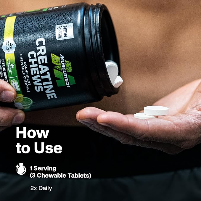MuscleTech | Creatine Chews | Creapure Monohydrate Supplement for Muscle Recovery Muscle Builder &amp Energy Boost | Pre Workout Supplement for Men &amp Women | Citrus Birst | 90 chewable Tablets