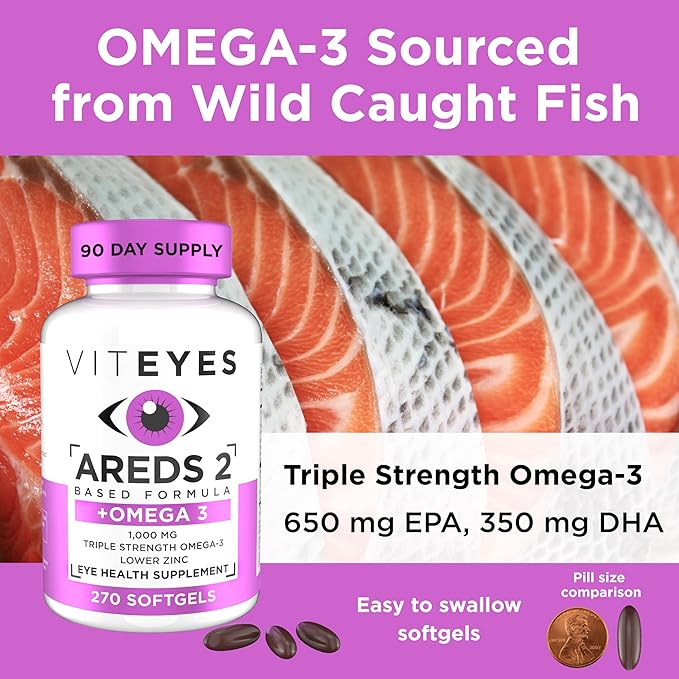 Viteyes AREDS 2 + Omega-3 Macular Support Softgels Plus Triple Strength Omega-3 (650 mg EPA 350 mg DHA) for Heart Health &amp Eye Health Eye Vitamins Vision Supplement 270 Softgels