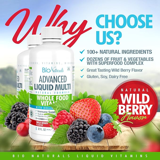 Bio Naturals Liquid Whole Food Multivitamin for Men &amp Women with Over 100 Ingredients - Superfoods Omegas Organic Extracts - 100% Vegan - 32 oz