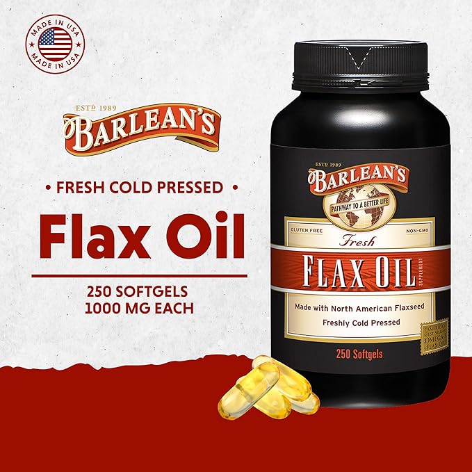 Barlean's Omega 3 6 9 Flaxseed Oil Supplements Cold-Pressed Flax Seed Supplement Softgels with 1650 mg ALA Fatty Acids 250 Count