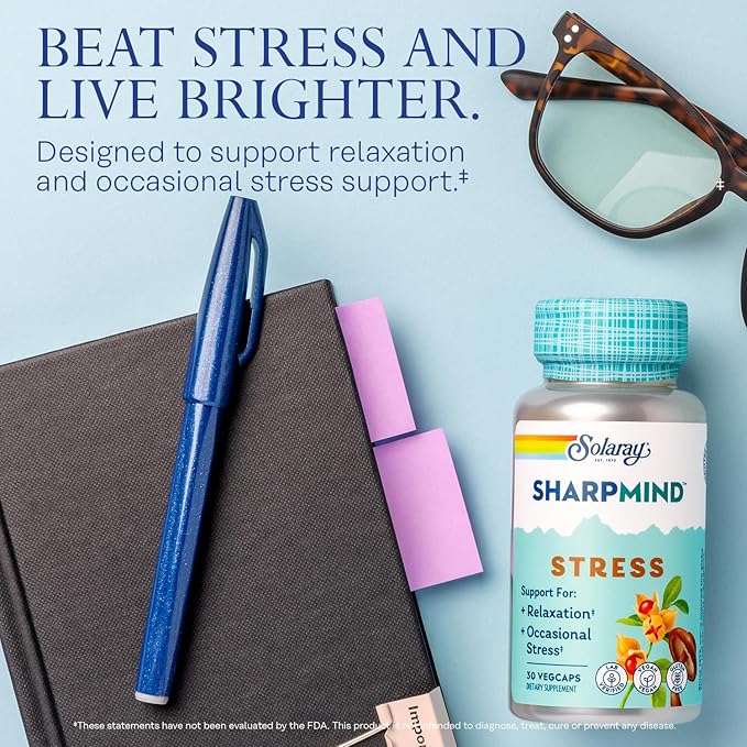 SOLARAY SharpMind Stress Nootropic Mood Support Supplement for Relaxation and Occasional Stress Relief Support Adaptogen with Ashwagandha L Theanine 60 Day Money Guarantee 30 Serv 30 VegCaps