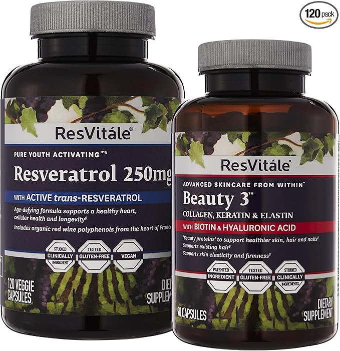 ResVitale Beauty 3 - Skin Care Supplement with Collagen Keratin &amp Elastin - 90 Capsules &amp Resveratrol 250 mg - Resveratrol Supplement for Men and Women - 120 Veggie Capsules