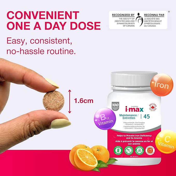 Pharmaris i-max Maintenance Iron Supplement 45mg Elemental Iron-Polyschaccaride Complex + Vitamin C &amp B12 Iron Supplement for Women &amp Men No Artificial Dyes Orange Flavor 100 Chewable Tab