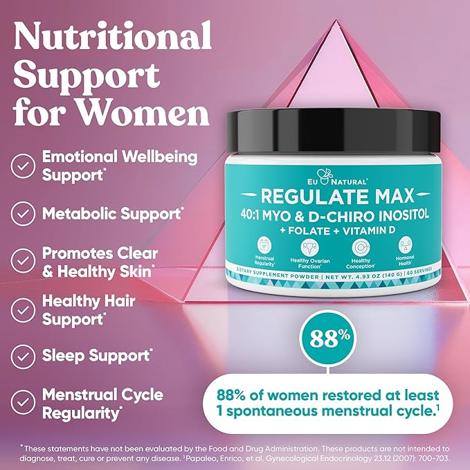 Eu Natural Regulate MAX Myo-Inositol &amp D-Chiro Inositol Supplement Powder for Women with Vitamin D &amp Folate Nutritional Support Hormone Balance &amp Fertility Support Unflavored 60 Servings