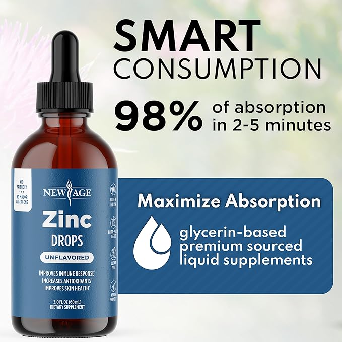 Liquid Zinc Drops for All Ages by NEW AGE - Zinc Sulfate for Immune Support Vegan Non-GMO &amp Gluten Free 60 Day Supply 2-Pack