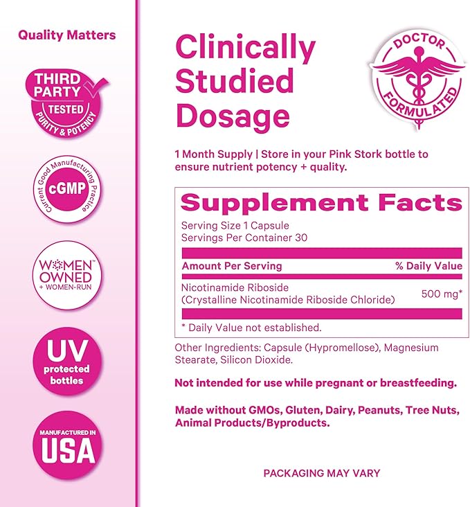 Pink Stork NAD+ Supplement for Women | 500 mg Nicotinamide Riboside NR | Clinically Studied Pure NMN Powder | Brain + Cognitive Support | Energy + Skin Essentials Over 30 | 30 Capsules