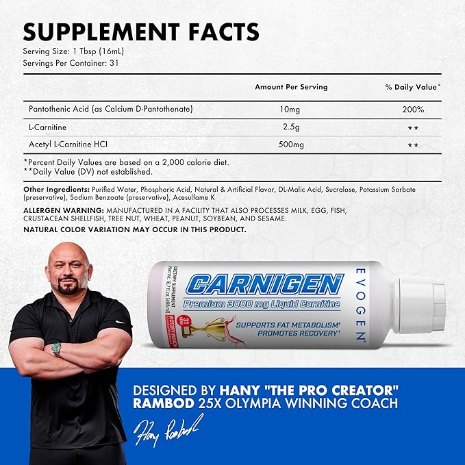 Evogen Carnigen - Liquid Carnitine | Supports Fat Metabolism &amp Recovery Caffeine Free | L-Carnitine Acetyl L-Carnitine | Victory Punch | 31 Servings