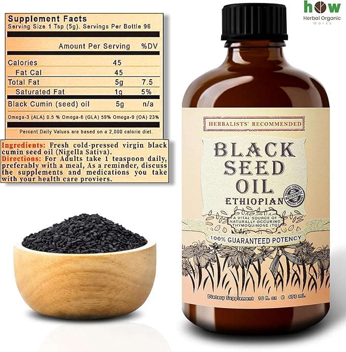 Ethiopian Black Seed Oil 16oz – Cold Pressed Nigella Sativa | High Thymoquinone 3.45% Black Cumin Seed Oil | 100% Pure Unrefined Liquid | Immune Skin Hair &amp Digestive Support | Large Glass Bottl