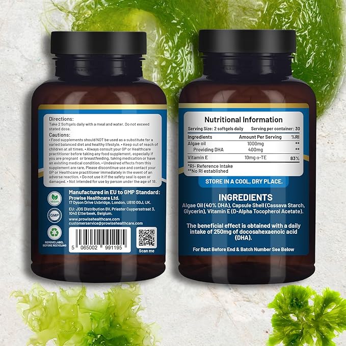 Prowise Vegan Omega-3 DHA from Algae Oil | 60 Softgels with Vitamin E | 400mg DHA + 10mg Vitamin E | 100% Plant-Based | Pure &amp Sustainable Sourced