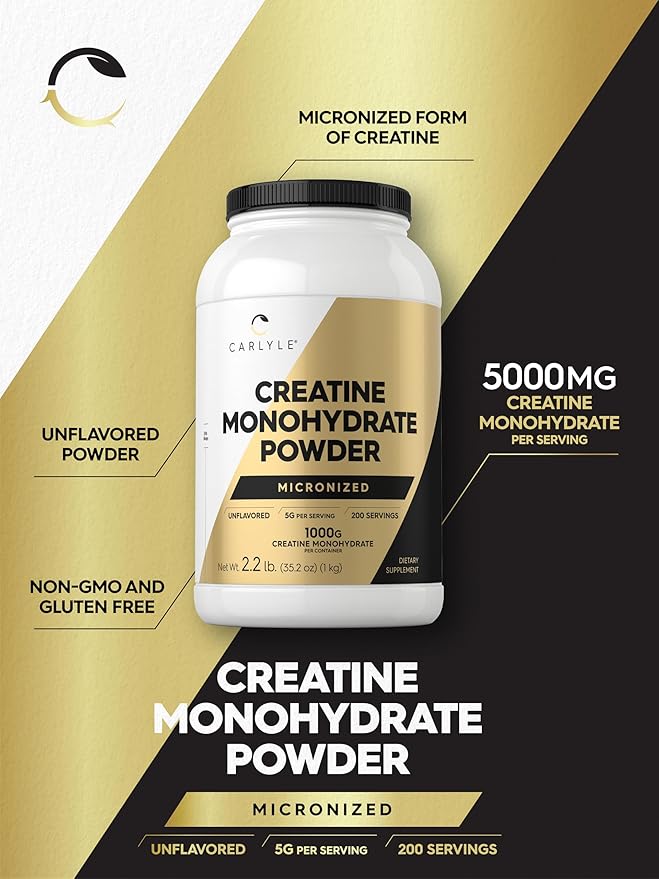 Carlyle Creatine Monohydrate Powder 5000mg | 200 Servings | Unflavored | 2.2lbs | Micronized Creatine Supplement | Vegan Non-GMO Gluten Free