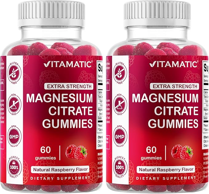 Vitamatic Extra Strength Magnesium Gummies – 255 mg Elemental Magnesium per Serving – 60 Gummies (2-Pack) Supports Relaxation Muscle Function Bone Health &amp Energy – Vegan Non-GMO Gluten-Free