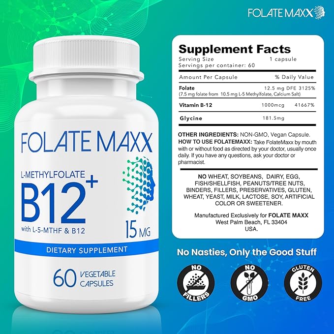 FolateMaxx L Methylfolate 15mg Plus B12 Methyl - 60 Capsules - 5-MTHF with B12 Methylcobalamin Supplement for Mood Methylation and Cognition - Bioactive Forms of Vitamin B9 &amp B12-2 Month Supply