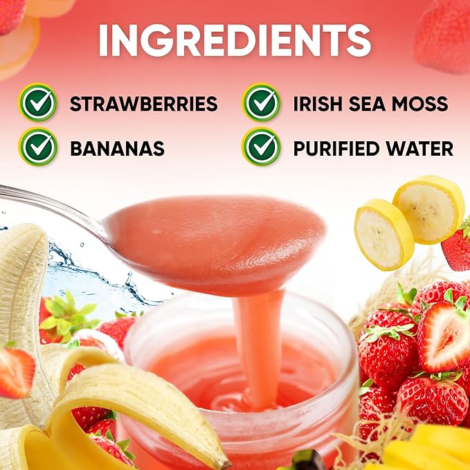 Wildcrafted Irish Sea Moss Gel 16 oz | Made in USA | Gold Seamoss Superfood | Rich in Vitamins &amp Minerals | Real Fruit | Nutritional Supplement | Strawberry Banana