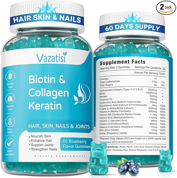 2 Pack Biotin Gummies with Collagen &amp Keratin for Hair Skin Nails- Women Men Kids - 120 Blueberry Flavored Gummies