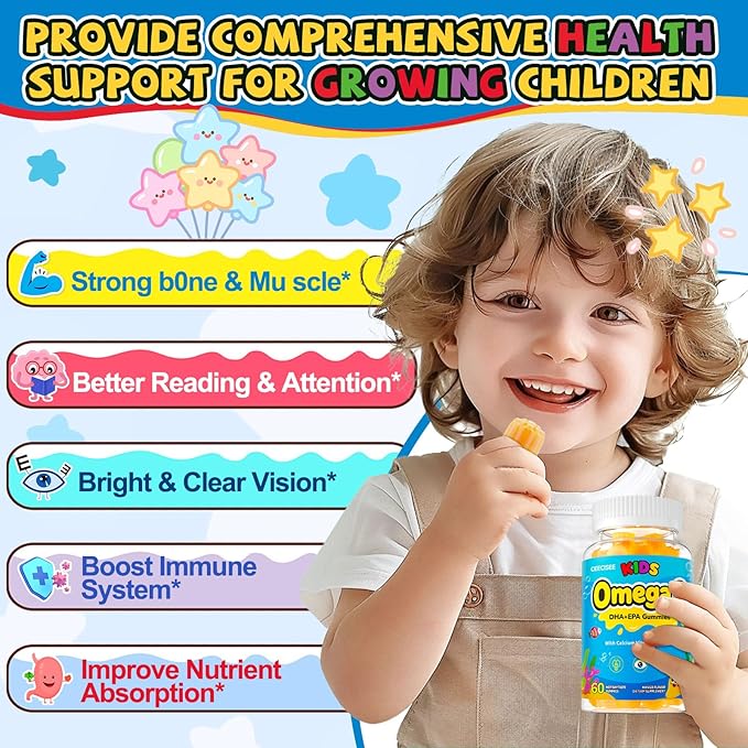 Organic Kid’s Omega-3 Gummies: Chewable Fish Oil Alternative Vegan Omega 3 Fatty Acid Supplement with DHA EPA Vitamin D3 B12 Calcium Magnesium - Focus Immune Health Support for Kids(60count)