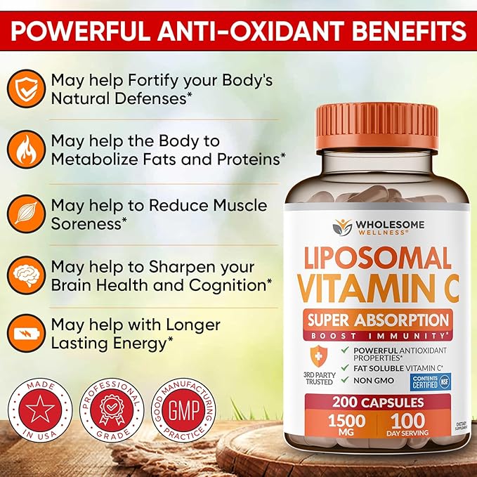 Wholesome Wellness Liposomal Vitamin C Capsules (200 Pills 1500mg Buffered) High Absorption Immune System &amp Collagen Booster High Dose Fat Soluble Immunity Support Ascorbic Acid Natural Vegan