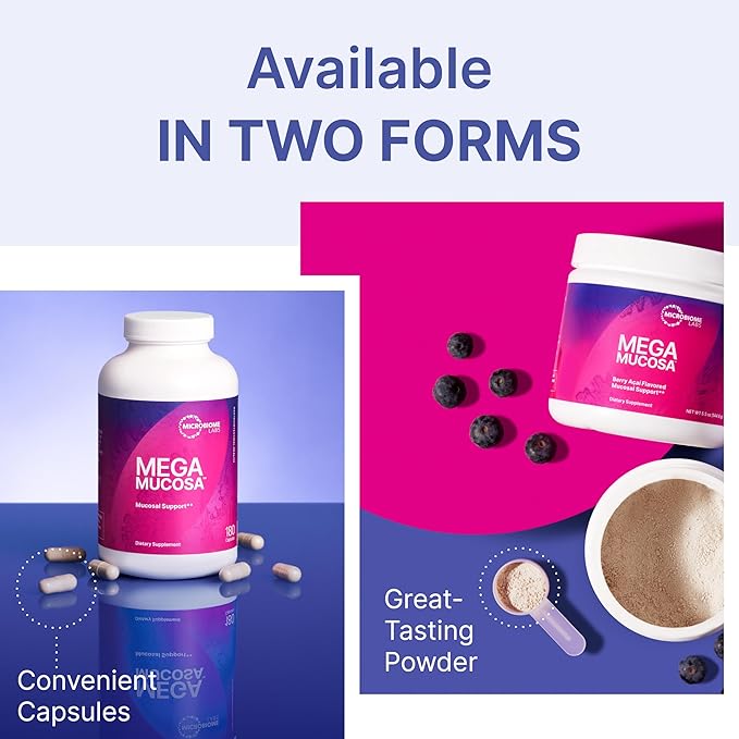 Microbiome Labs MegaMucosa Gut Health Powder - Digestive Supplement with Complete Mucosal Support for Healthy Gut &amp Immune Function - Dairy-Free Immunoglobulins &amp Amino Acids - Berry Acai (5.5