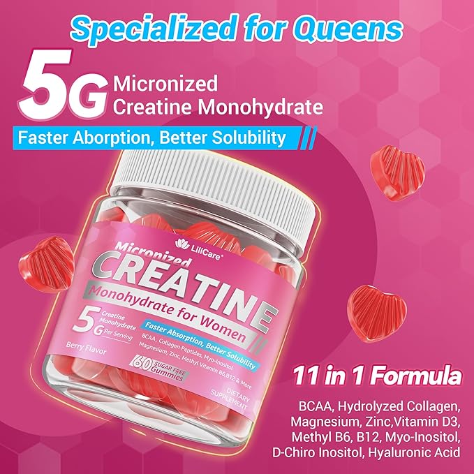 Creatine for Women Gummies Micronized Creatine Monohydrate + Myo-Inositol Collagen Peptides BCAAs Hyaluronic Acid Vitamin B6 B12 Zinc for Enërgy Föcus Hörmonal Balance Sugar Free 120 Counts