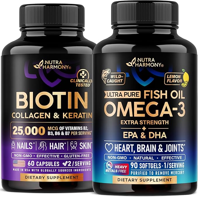 NUTRAHARMONY Biotin Collagen Keratin Capsules &amp Omega 3 Fish Oil Softgels
