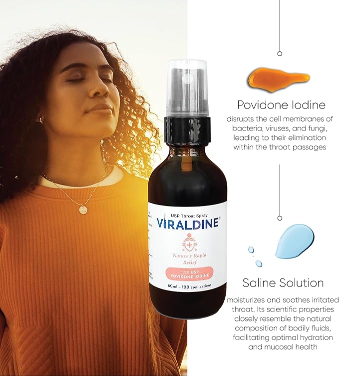 VIRALDINE 1.5% Povidone-Iodine Sore Throat Spray Microplastic-Free Bottle FSA Eligible 60ml