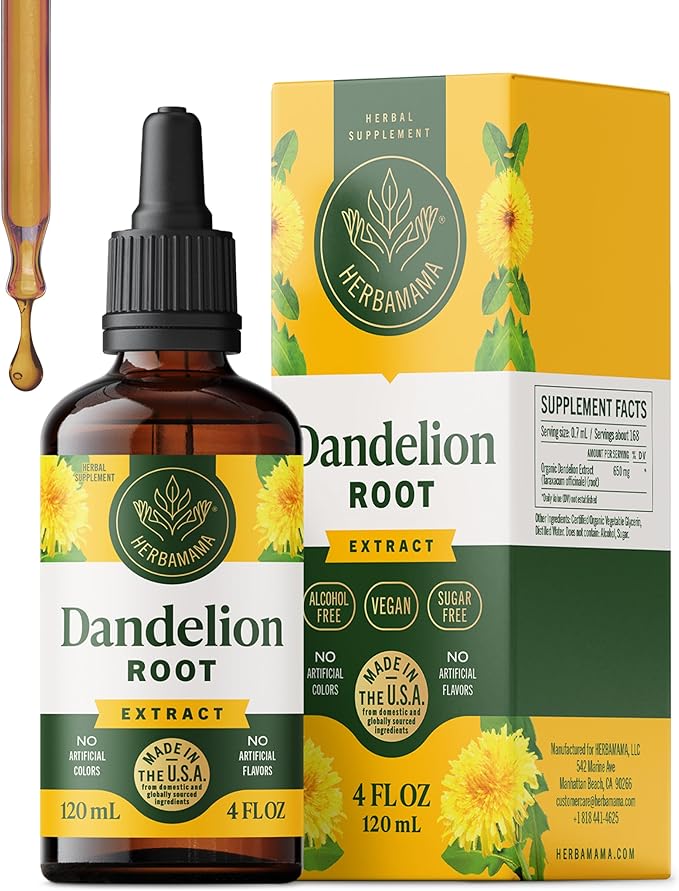 HERBAMAMA Dandelion Root Extract for Liver Cleanse – Lymphatic Drainage Drops – Dandelion Root Supplement – Non-GMO Alcohol &amp Sugar-Free Liver Support Supplement - 56-Day Supply
