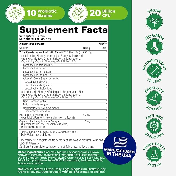Probulin Total Care Immune = Prebiotics + Probiotics + Postbiotics + Elderberry to Support Immune &amp Gut Health - 20 Billion CFU - 10 Strains - 30 Vegan Capsules (Pack of 3)