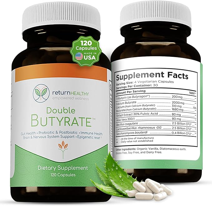 Double Butyrate Gut Health Supplement | Probiotic &amp Postbiotic Digestive Supplements for Gut Support | Enhances Immune Brain &amp Nervous System Function | Odor-Free Formula | 120 caps