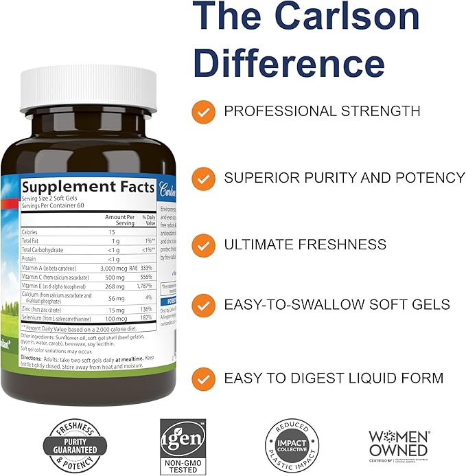 Carlson - ACES + Zn Vitamins A C E + Selenium &amp Zinc Cellular Health &amp Immune Support Antioxidant 120 Softgels