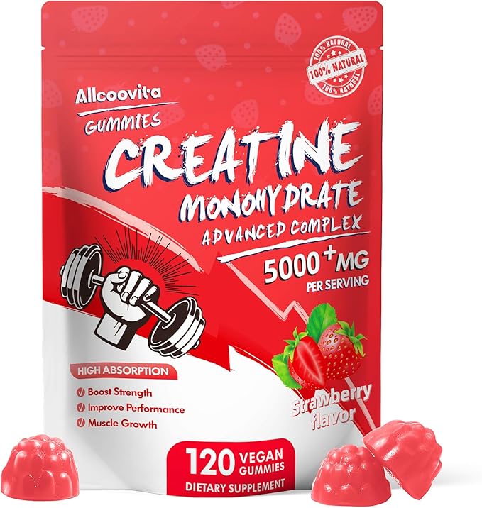 NSF Certified Creatine Gummy - Creatine Monohydrate Gummies 5000mg for Men &amp Women -120 Gummies Advanced Formula Muscle Strength Muscle Builder Energy Boost Pre-Workout Supplement-Strawberry