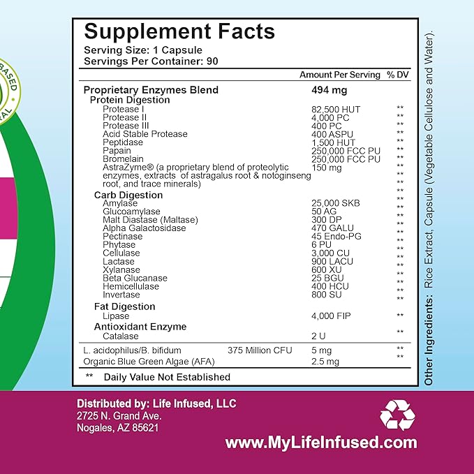 Life Infused Digestive Enzymes with Probiotics – 21 Plant-Based Enzymes with Bromelain Papain Amylase &amp Protease – Digestive Support for Gas &amp Bloating – 72 Trace Minerals &amp Herbs – Vega