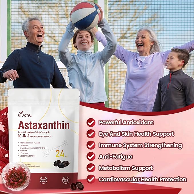 10 in 1 Astaxanthin Supplements 24mg 8 Month Supply Astaxantina Antioxidant from Haematococcus Pluvialis Contains Lycopene Grape Seed Vitamin E &amp More Supports Eye Joints Skin Health 2 Ba
