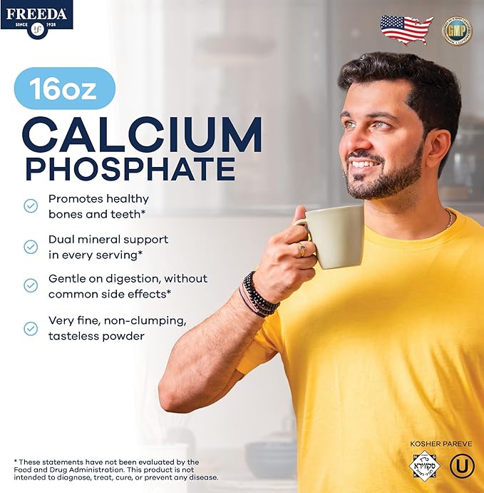 Freeda Calcium Phosphate Powder – Kosher Mineral Supplement for Bone &amp Joint Health in Men Women Dogs &amp Cats – Bone Strength Powder with Calcium and Phosphorus – No Vitamin D – Made in USA
