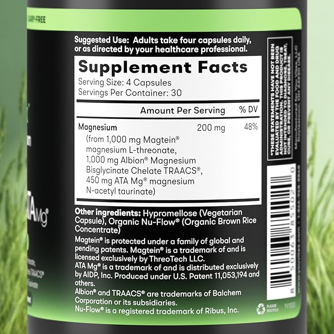 Threonix Triple Magnesium Complex - Magtein L-Threonate Bisglycinate Chelate TRAACS &amp ATA Mg - Brain Sleep Mood &amp Focus Support - High Absorption Gentle on Stomach - 120 Capsules
