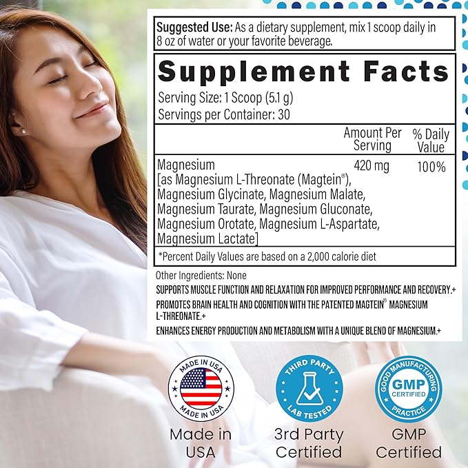 Magnesium Complex Powder - 8 Types of Magnesium L-Threonate (Magtein) Glycinate Malate and More for Brain Health Relaxation Maximum Absorption - Unflavored 30 Servings