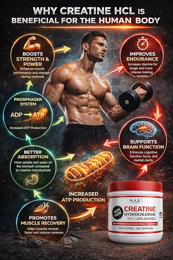 MAD-Creatine HCL (Hydrochloride) 200 grams-200 Servings 100% Pure Made in USA
