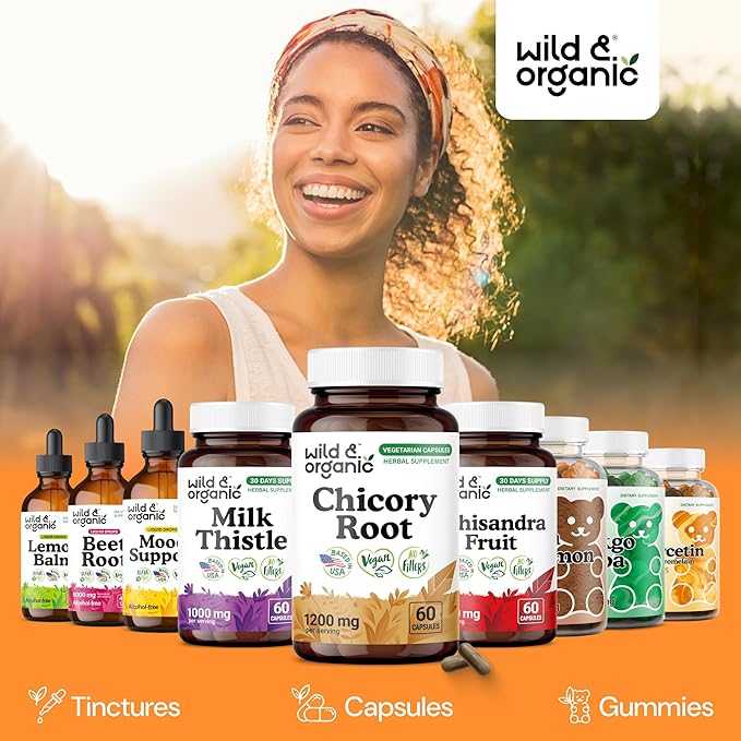 Wild &amp Organic Chicory Root Capsules - 1200 mg of Chicory Root Powder per Serving - Digestive &amp Gut Support - Prebiotic Inulin Supplement - Non-GMO Vegan Inulin Capsules - 60 Count