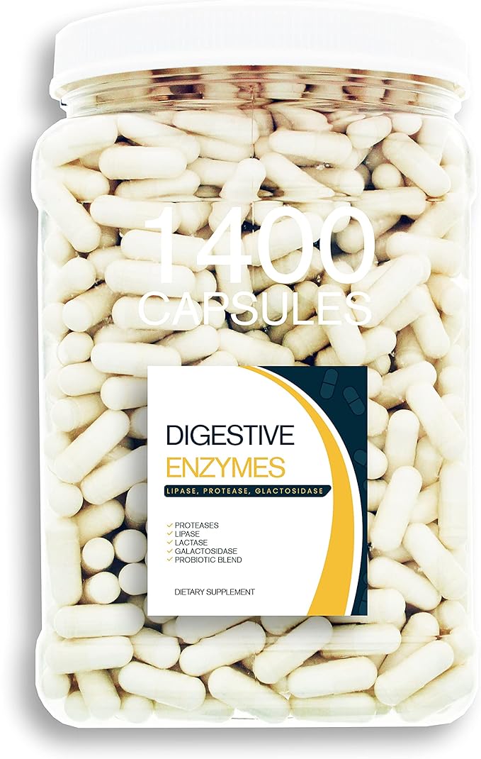 Digestion Aid - 1400 Count Blend of Digestive Enzymes and Key Probiotic Strains in a Clear Square Grip Jar