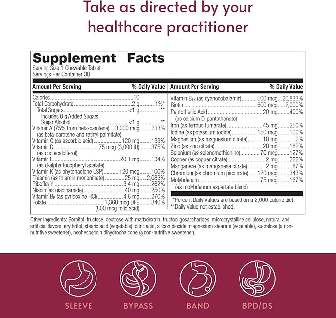 Bariatric Advantage Chewable Ultra Solo with Iron - Once-Per-Day Daily Multivitamin - for Bariatric Patients - with Thiamin Vitamin A &amp More - Gluten Free - Citrus - 30 Tablets