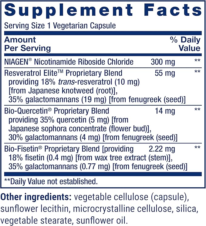 Life Extension NAD+ Cell Regenerator™ and Resveratrol Elite™* nicotinamide riboside Trans-resveratrol quercetin Fisetin Heart Health Healthy Aging Vegetarian Non-GMO Gluten Free 30 Capsules