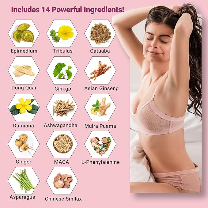 Libido Glow Girl | 14 in 1 Powerful Libido Booster for Women &amp Aphrodisiac | Helps Improve Women's Drive Passion Sensitivity | Maca Tribulus Ashwagandha | 3rd Party Tested Supplement - 60 Pill
