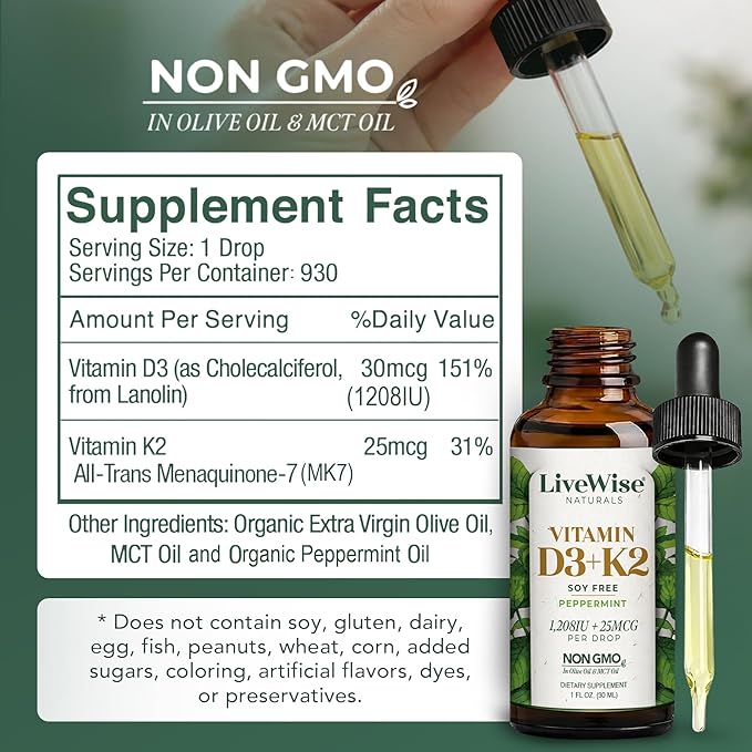 Live Wise Naturals Vitamin D3 K2 (MK-7) Peppermint Drops for Adults - 930 Drops Ultra Concentrated Formulation 1208 IU Vitamin D3 25 MCG - Precision Micro-Dosing Dropper for Calcium &amp Bone Supp