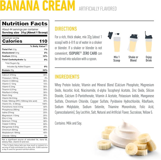 Isopure Zero Carb 100% Pure Whey Isolate Protein Powder Gluten Free With Vitamins Banana Cream 25g Protein Per Serving 3 Lbs 44 Servings (Packaging May Vary)