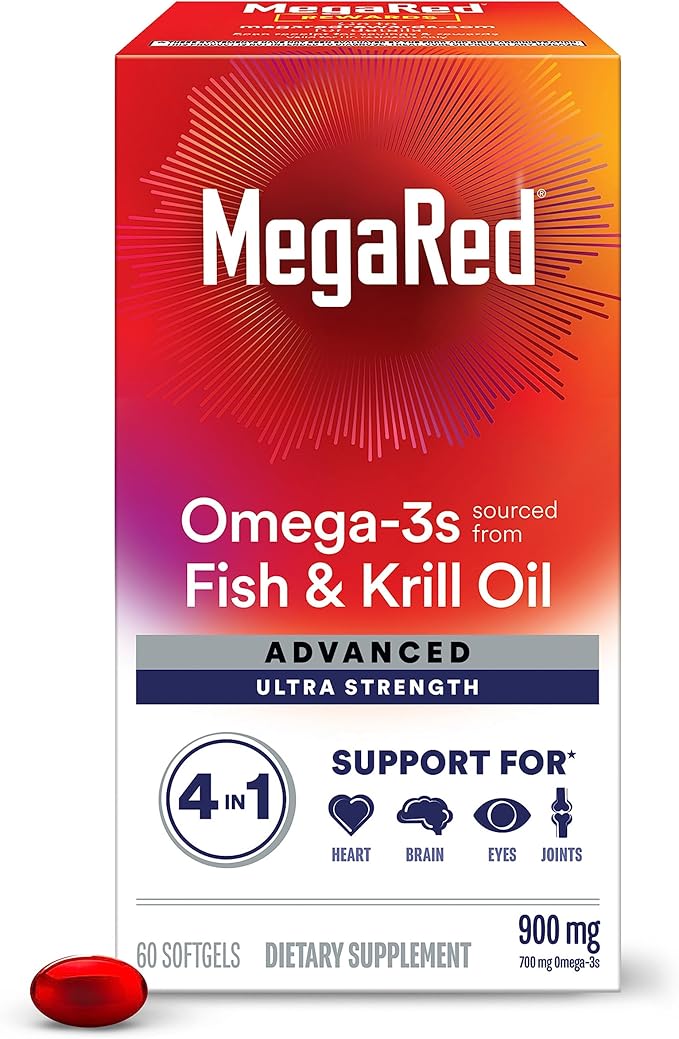 Megared Omega-3 Fish &amp Krill Oil Supplement 900mg - MegaRed Advanced 4in1 60 softgels 2x More Omega-3 Heart Joint Brain and Eye Supplement Red 60 Count