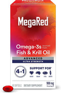 Megared Omega-3 Fish &amp Krill Oil Supplement 900mg - MegaRed Advanced 4in1 60 softgels 2x More Omega-3 Heart Joint Brain and Eye Supplement Red 60 Count