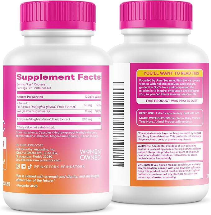 Pink Stork Iron for Women 18 mg Non-Constipating Iron Bisglycinate + Vitamin C for Optimal Absorption Energy Focus &amp Oxygen Support PMS Pregnancy Postpartum &amp Perimenopause 60 Capsules